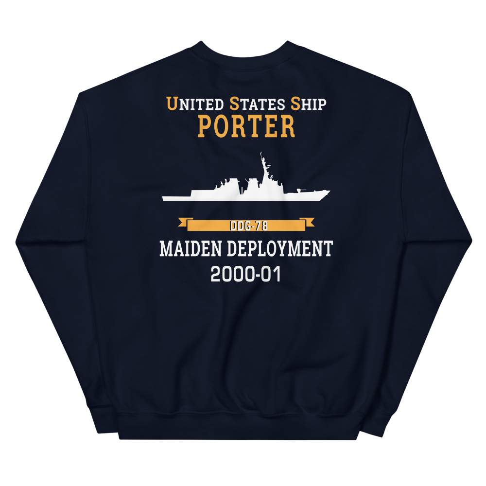 USS Porter (DDG-78) 2000-01 MAIDEN DEPLOYMENT Unisex Sweatshirt – back view, navy