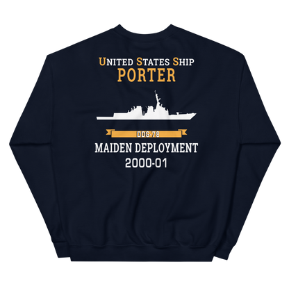 USS Porter (DDG-78) 2000-01 MAIDEN DEPLOYMENT Unisex Sweatshirt – back view, navy