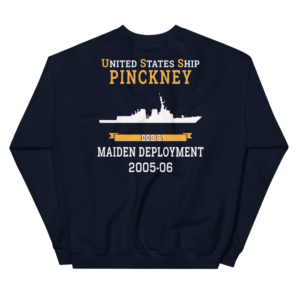 USS Pinckney (DDG-91) 2005-06 MAIDEN DEPLOYMENT Unisex Sweatshirt – back view, navy