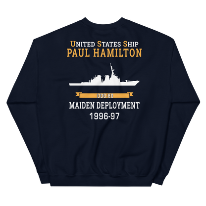 USS Paul Hamilton (DDG-60) 1996-97 MAIDEN DEPLOYMENT Unisex Sweatshirt – back view, navy