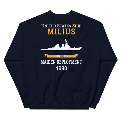 USS Milius (DDG-69) 1998 MAIDEN DEPLOYMENT Unisex Sweatshirt – back view, navy