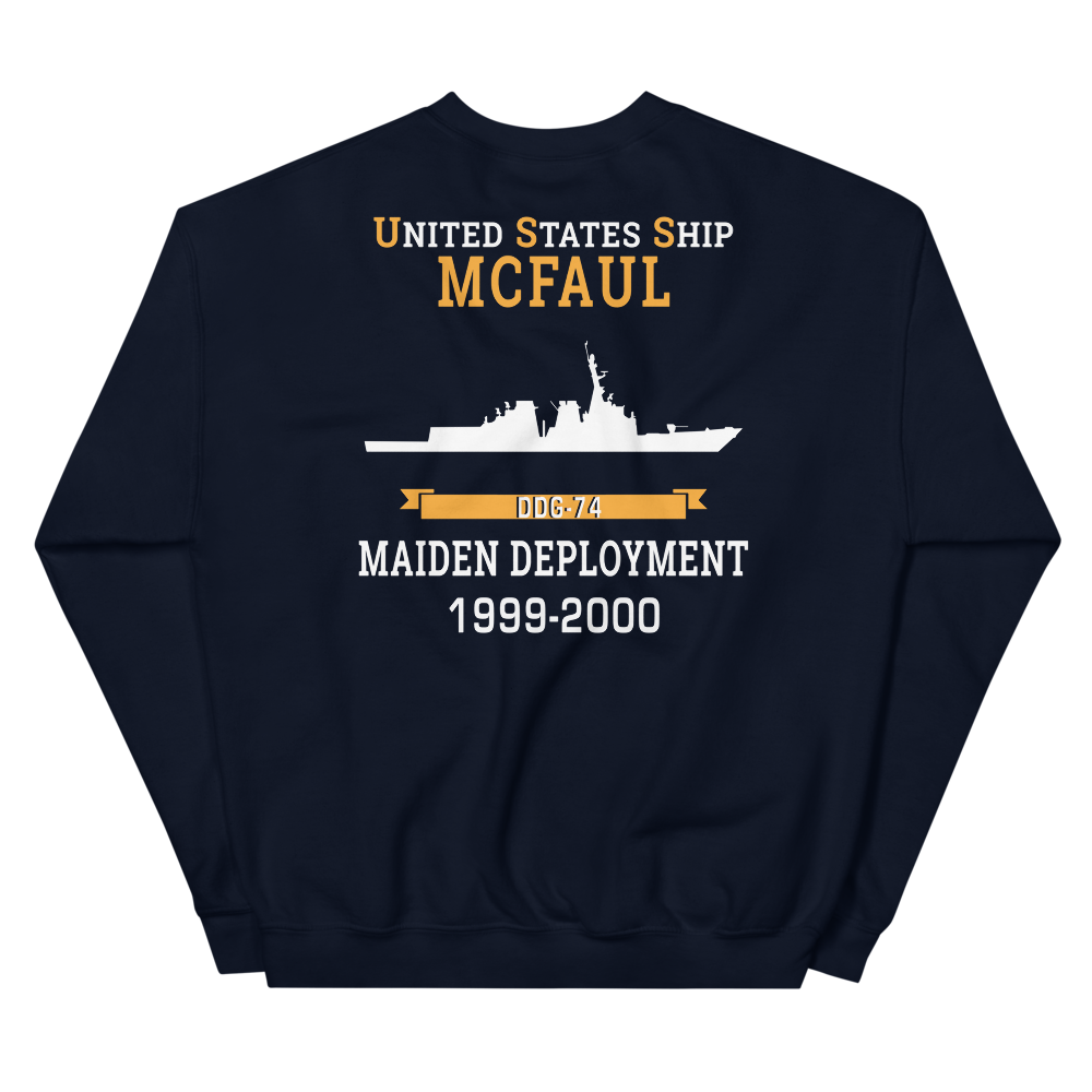 USS McFaul (DDG-74) 1999-2000 MAIDEN DEPLOYMENT Unisex Sweatshirt – back view, navy