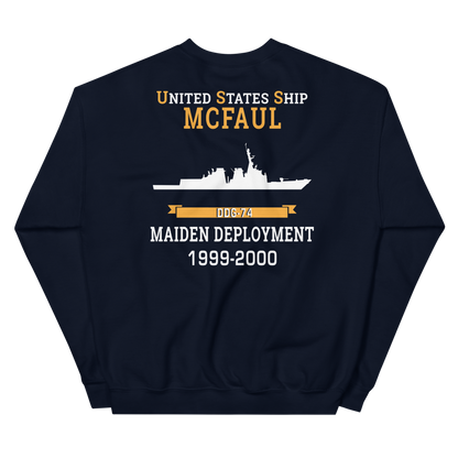 USS McFaul (DDG-74) 1999-2000 MAIDEN DEPLOYMENT Unisex Sweatshirt – back view, navy