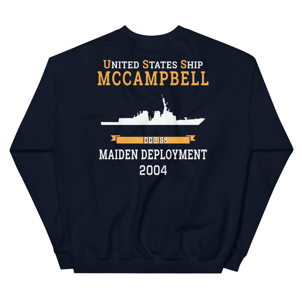 USS McCampbell (DDG-85) 2004 MAIDEN DEPLOYMENT Unisex Sweatshirt – back view, navy
