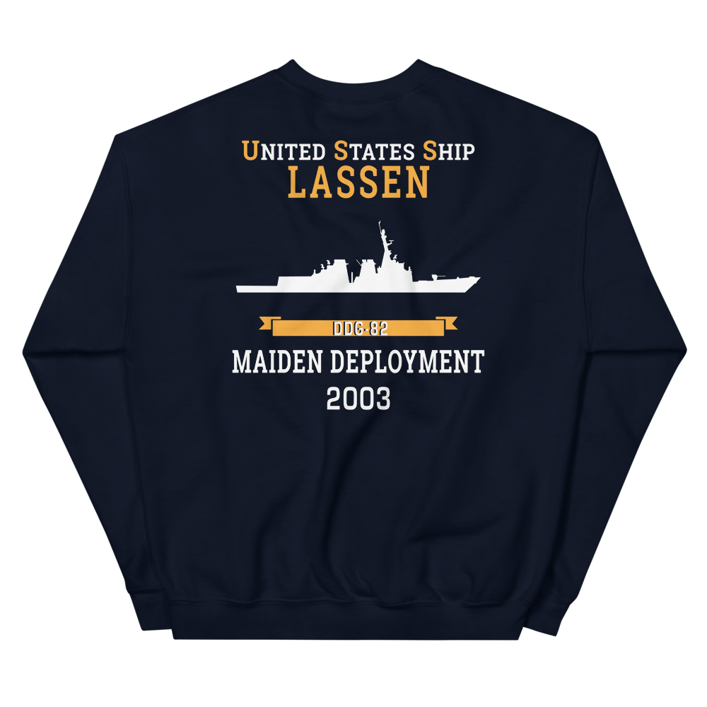 USS Lassen (DDG-82) 2003 MAIDEN DEPLOYMENT Unisex Sweatshirt – back view, navy