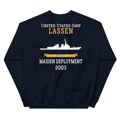USS Lassen (DDG-82) 2003 MAIDEN DEPLOYMENT Unisex Sweatshirt – back view, navy