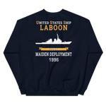 USS Laboon (DDG-58) 1996 MAIDEN DEPLOYMENT Unisex Sweatshirt – back view, navy