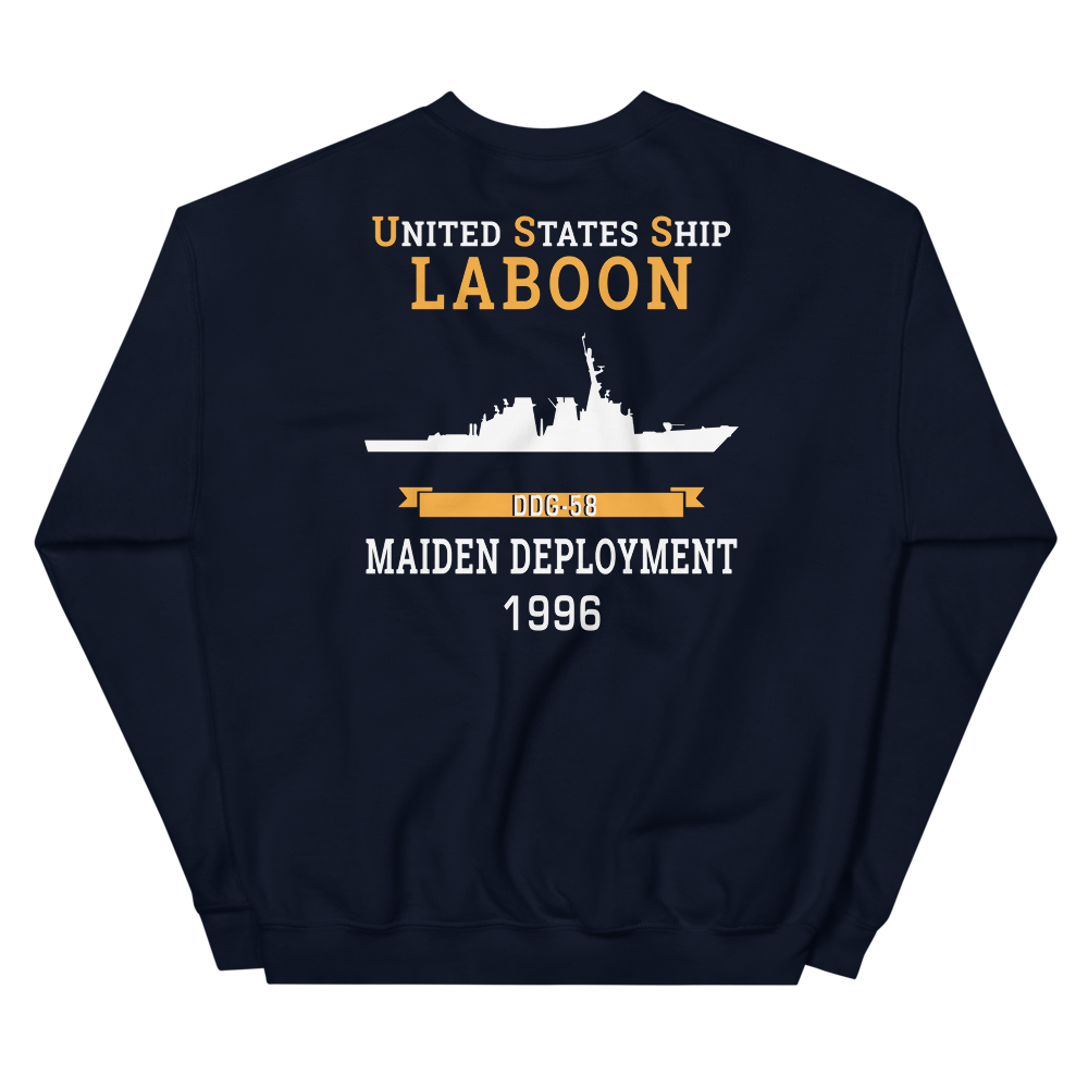 USS Laboon (DDG-58) 1996 MAIDEN DEPLOYMENT Unisex Sweatshirt – back view, navy