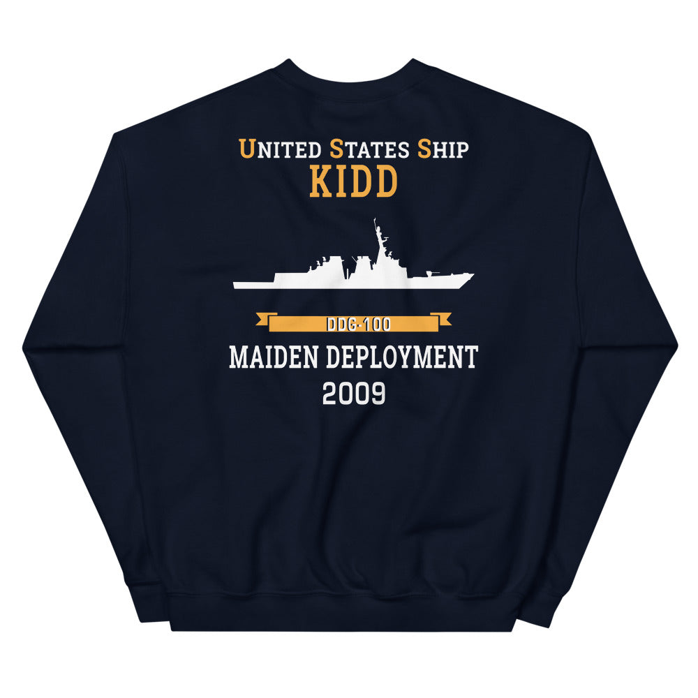 USS Kidd (DDG-100) 2009 MAIDEN DEPLOYMENT Unisex Sweatshirt – back view, navy