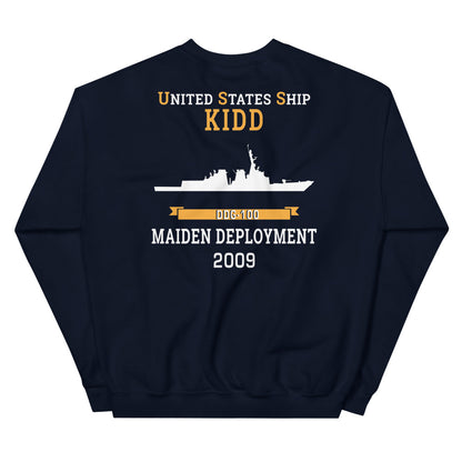USS Kidd (DDG-100) 2009 MAIDEN DEPLOYMENT Unisex Sweatshirt – back view, navy
