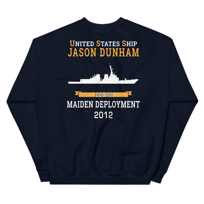 USS Jason Dunham (DDG-109) 2012 MAIDEN DEPLOYMENT Unisex Sweatshirt – back view, navy