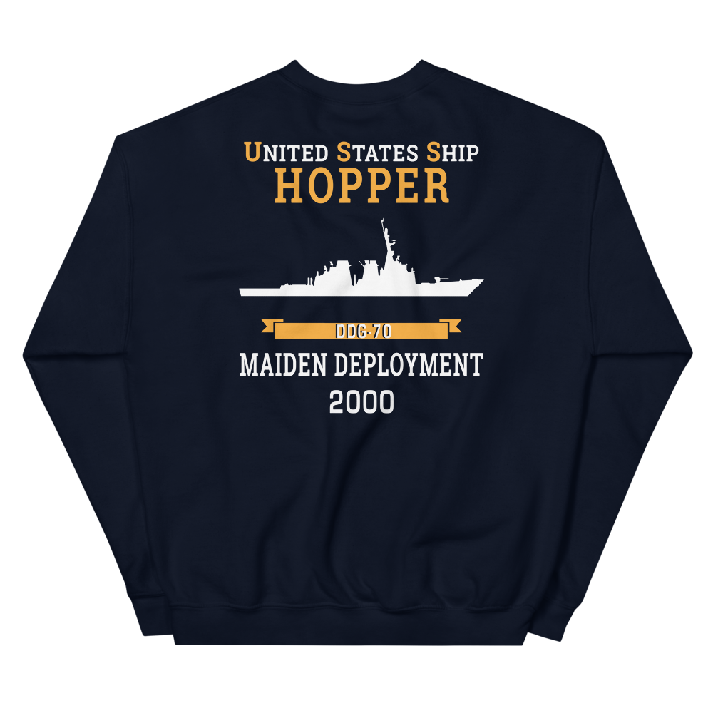 USS Hopper (DDG-70) 2000 MAIDEN DEPLOYMENT Unisex Sweatshirt – back view, navy