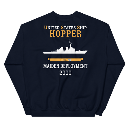 USS Hopper (DDG-70) 2000 MAIDEN DEPLOYMENT Unisex Sweatshirt – back view, navy