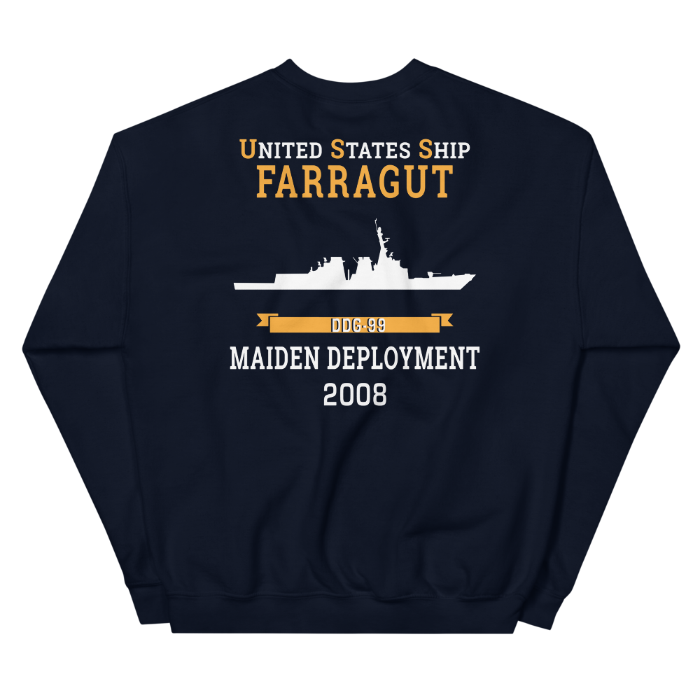 USS Farragut (DDG-99) 2008 MAIDEN DEPLOYMENT Unisex Sweatshirt – back view, navy