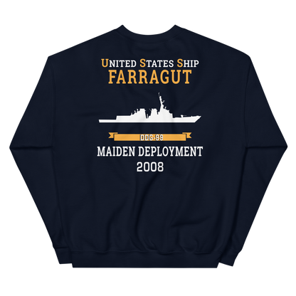 USS Farragut (DDG-99) 2008 MAIDEN DEPLOYMENT Unisex Sweatshirt – back view, navy