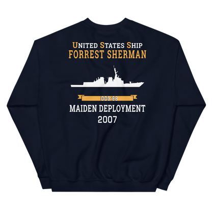 USS Forrest Sherman (DDG-98) 2007 MAIDEN DEPLOYMENT Unisex Sweatshirt – back view, navy