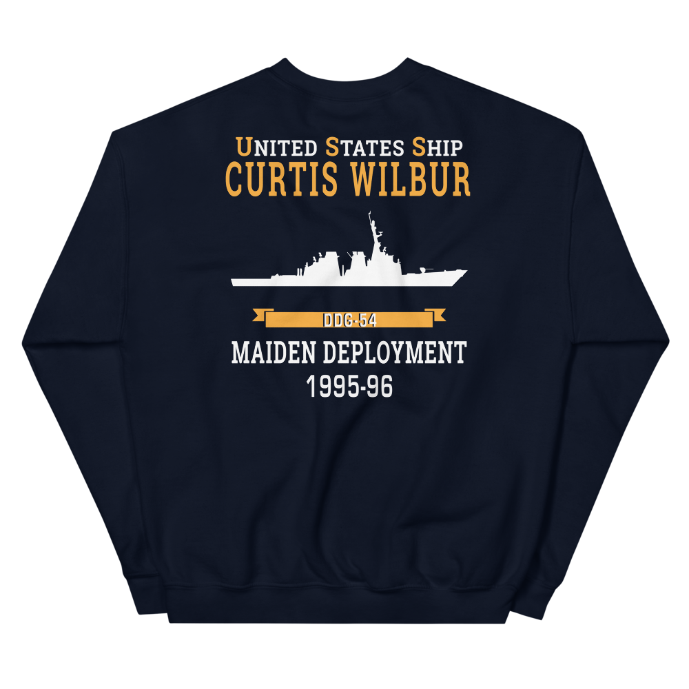 USS Curtis Wilbur (DDG-54) 1995-96 MAIDEN DEPLOYMENT Unisex Sweatshirt – back view, navy