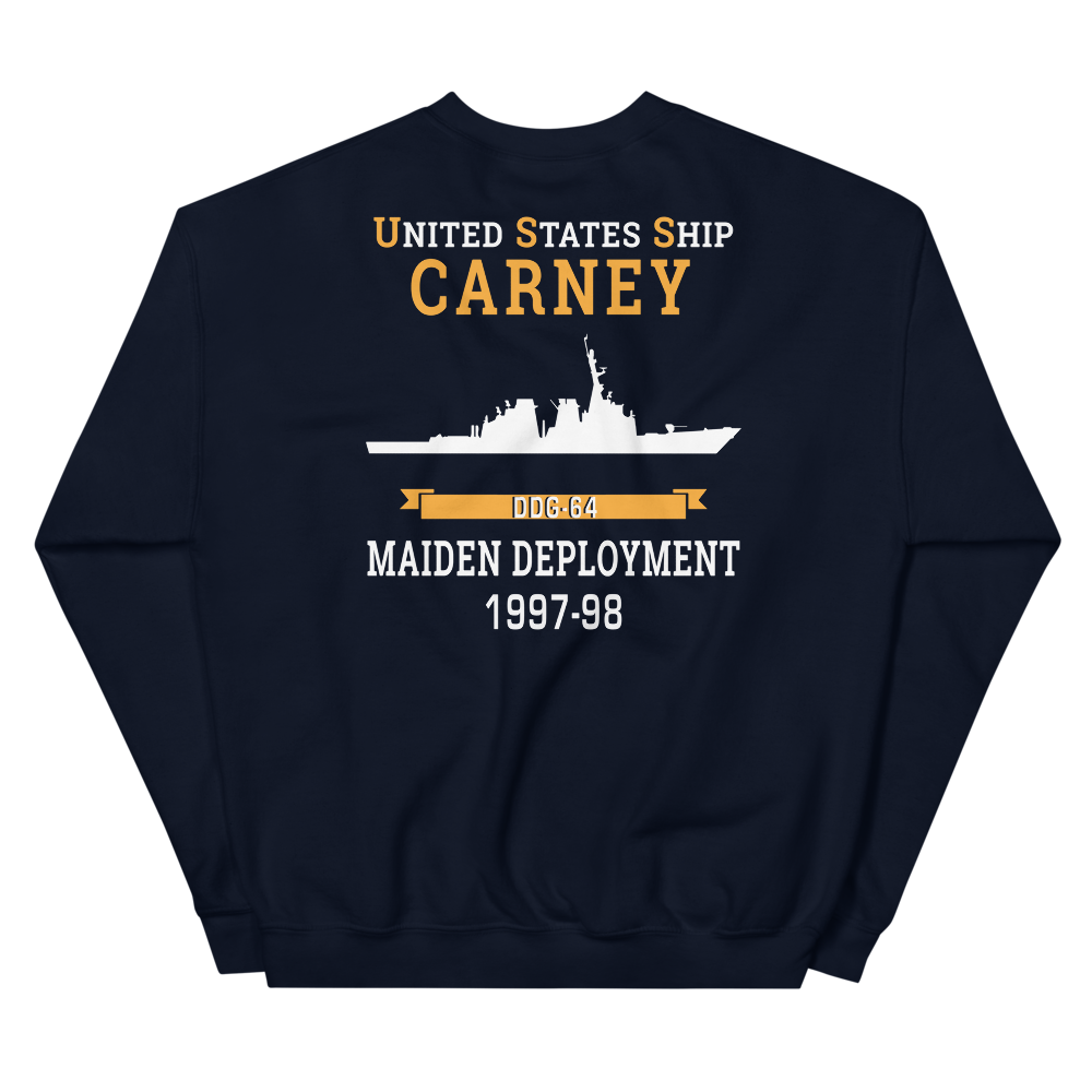 USS Carney (DDG-64) 1997-98 MAIDEN DEPLOYMENT Unisex Sweatshirt – back view, navy