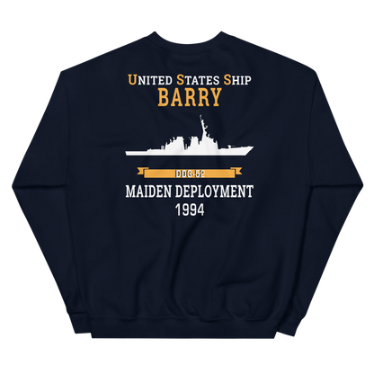 USS Barry (DDG-52) 1994 MAIDEN DEPLOYMENT Unisex Sweatshirt – back view, navy