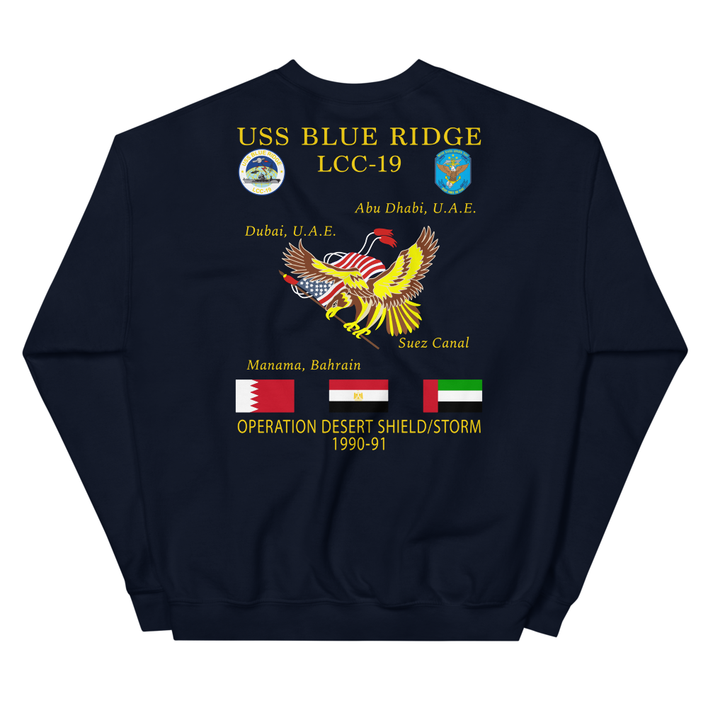 USS Blue Ridge (LCC-19) 1990-91 ODS/S Cruise Sweatshirt – back view, navy