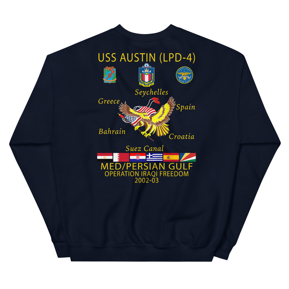 USS Austin (LPD-4) 2002-03 Cruise Sweatshirt – back view, navy