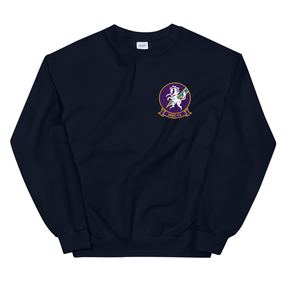 HSC-14 Chargers Squadron Crest Unisex Sweatshirt – front view, navy