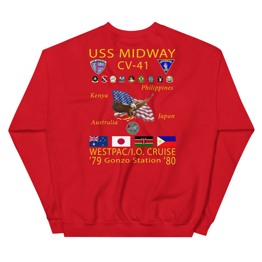 USS Midway (CV-41) 1979-80 Cruise Sweatshirt with Persian Gulf Yacht Club – red
