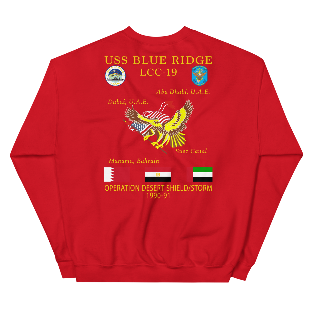 USS Blue Ridge (LCC-19) 1990-91 ODS/S Cruise Sweatshirt – back view, red