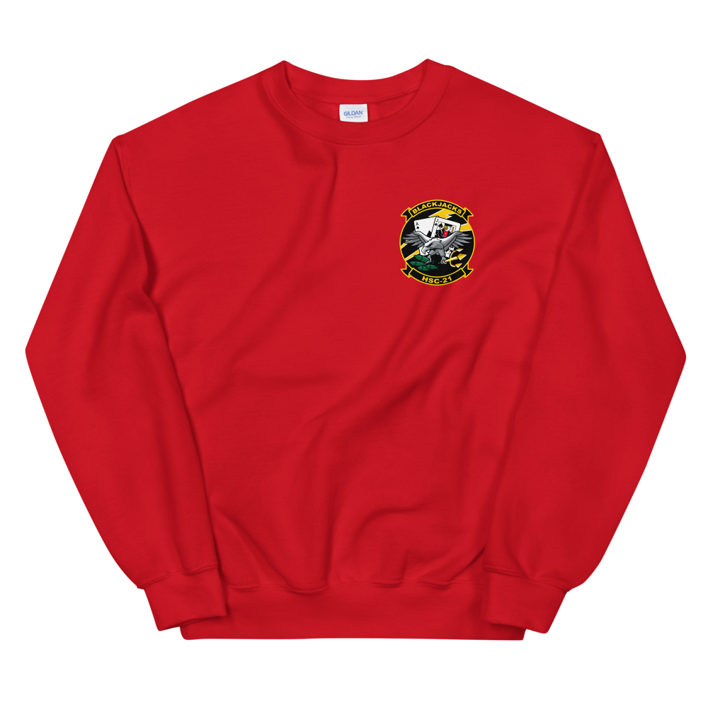 HSC-21 Blackjacks Squadron Crest Unisex Sweatshirt – front view, red