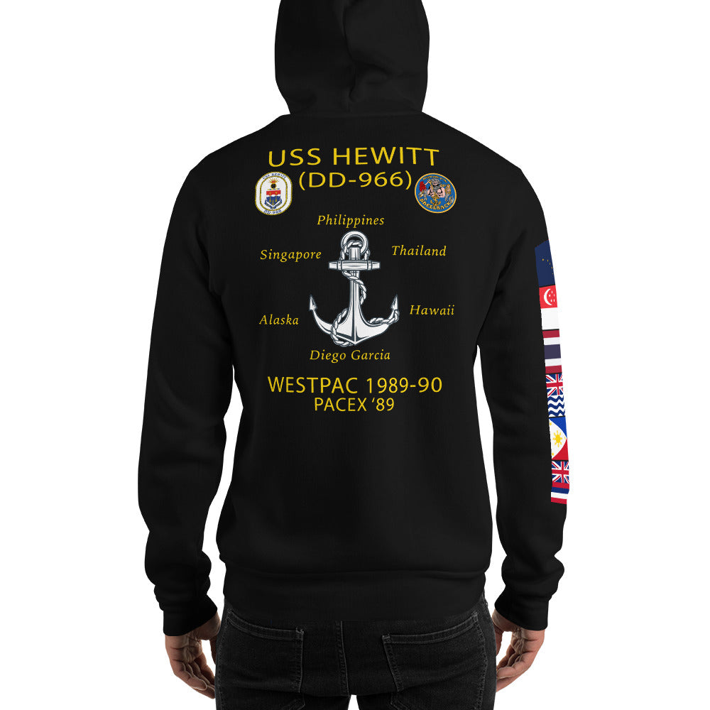 USS Hewitt (DD-966) 1989-90 Cruise Hoodie - FLAGS ON SLEEVE – black