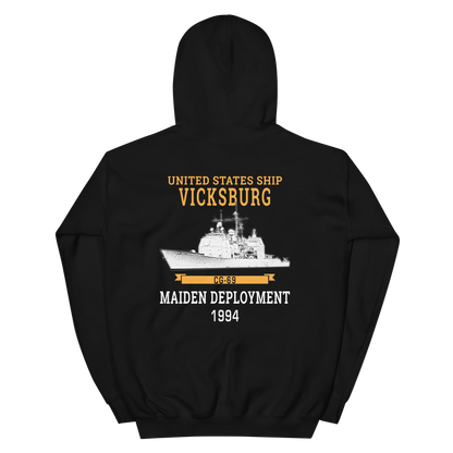 USS Vicksburg (CG-69) 1994 Maiden Deployment Unisex Hoodie – back view, black