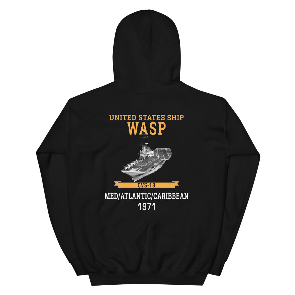 USS Wasp (CVS-18) 1971 MED/ATLANTIC/CARIBBEAN Unisex Hoodie – back view, black