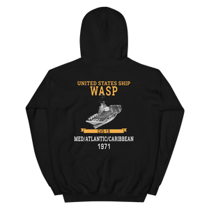 USS Wasp (CVS-18) 1971 MED/ATLANTIC/CARIBBEAN Unisex Hoodie – back view, black