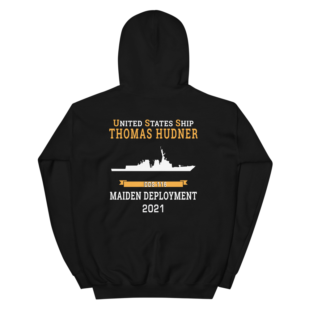 USS Thomas Hudner (DDG-116) 2021 MAIDEN DEPLOYMENT Unisex Hoodie – back view, black