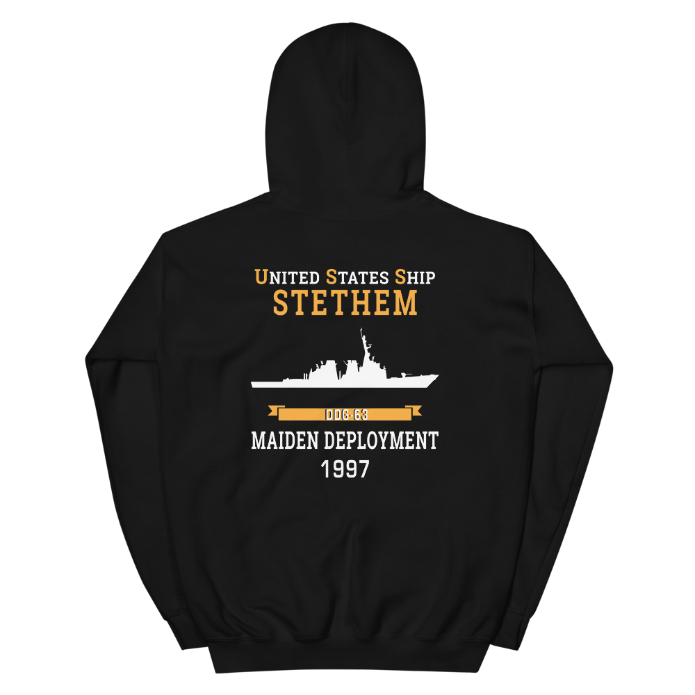 USS Stethem (DDG-63) 1997 MAIDEN DEPLOYMENT Unisex Hoodie – back view, black