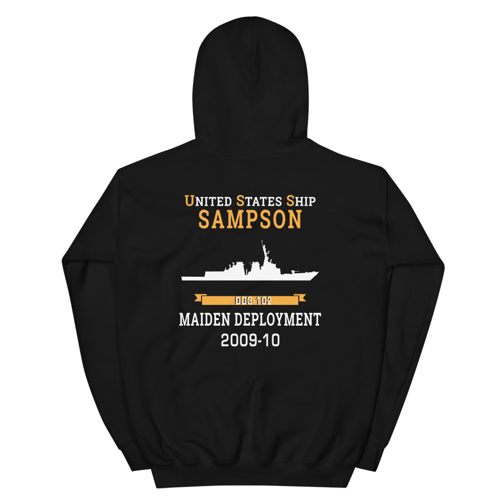 USS Sampson (DDG-102) 2009-10 MAIDEN DEPLOYMENT Unisex Hoodie – back view, black