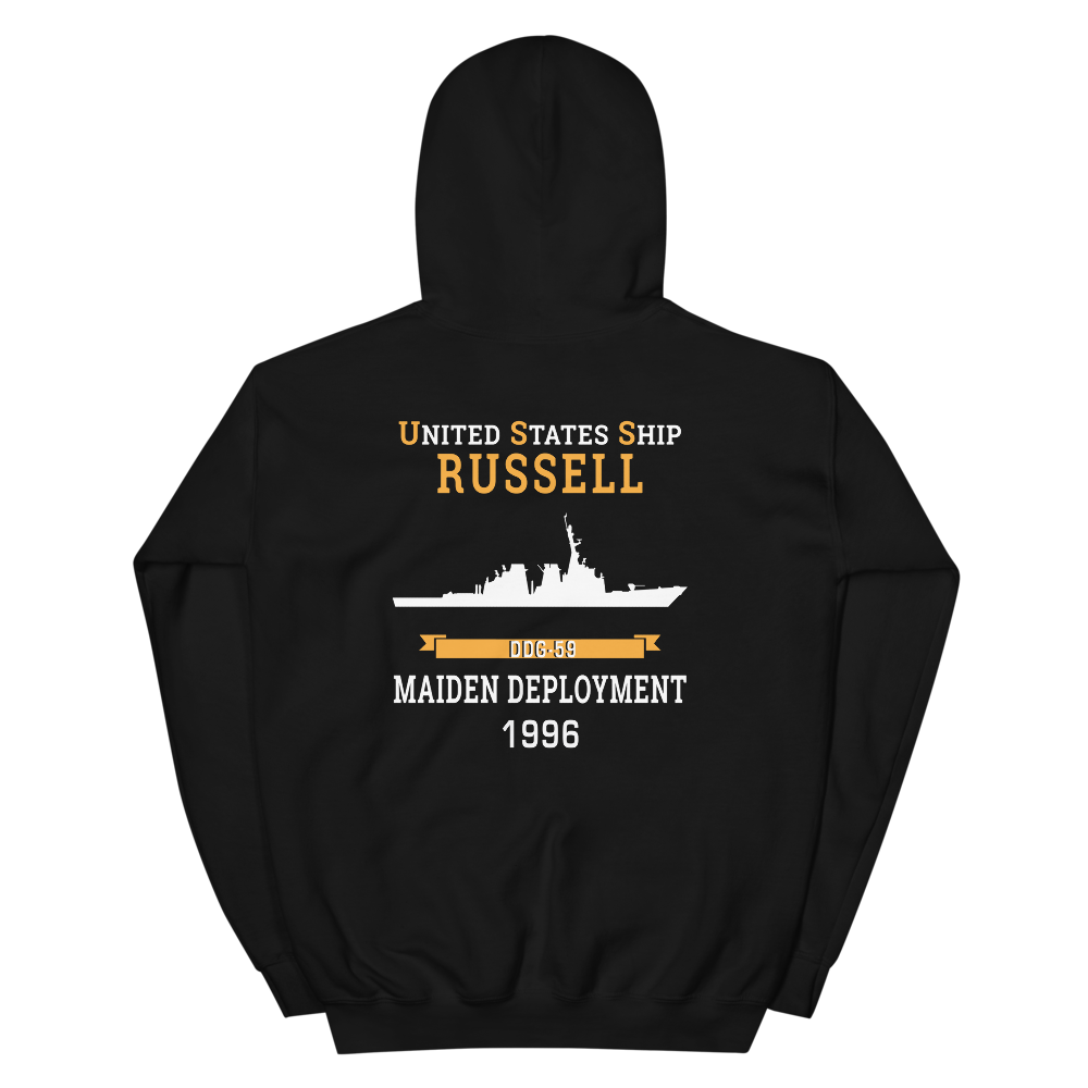 USS Russell (DDG-59) 1996 MAIDEN DEPLOYMENT Unisex Hoodie – back view, black