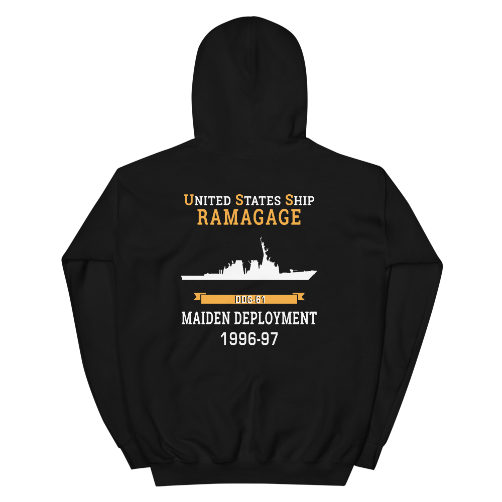 USS Ramage (DDG-61) 1996-97 MAIDEN DEPLOYMENT Unisex Hoodie – back view, black