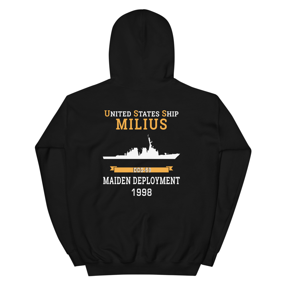 USS Milius (DDG-69) 1998 MAIDEN DEPLOYMENT Unisex Hoodie – back view, black