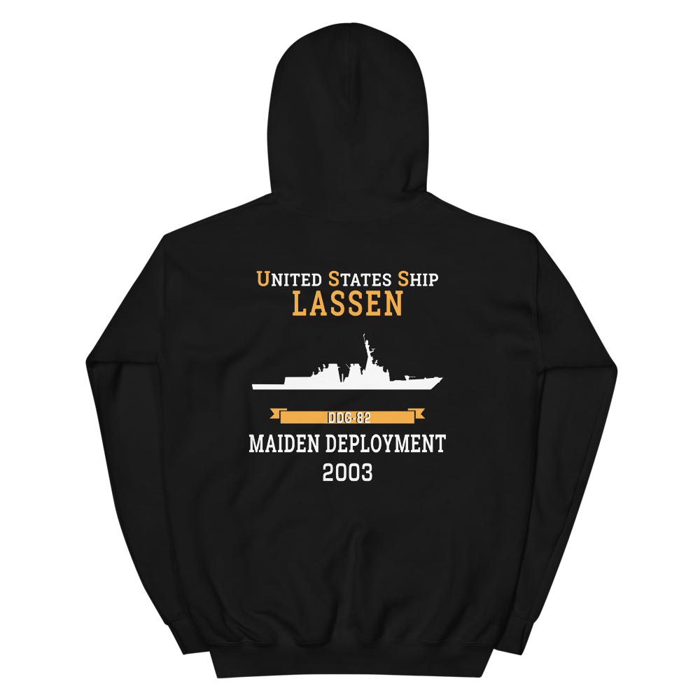 USS Lassen (DDG-82) 2003 MAIDEN DEPLOYMENT Unisex Hoodie – back view, black