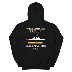 USS Lassen (DDG-82) 2003 MAIDEN DEPLOYMENT Unisex Hoodie – back view, black