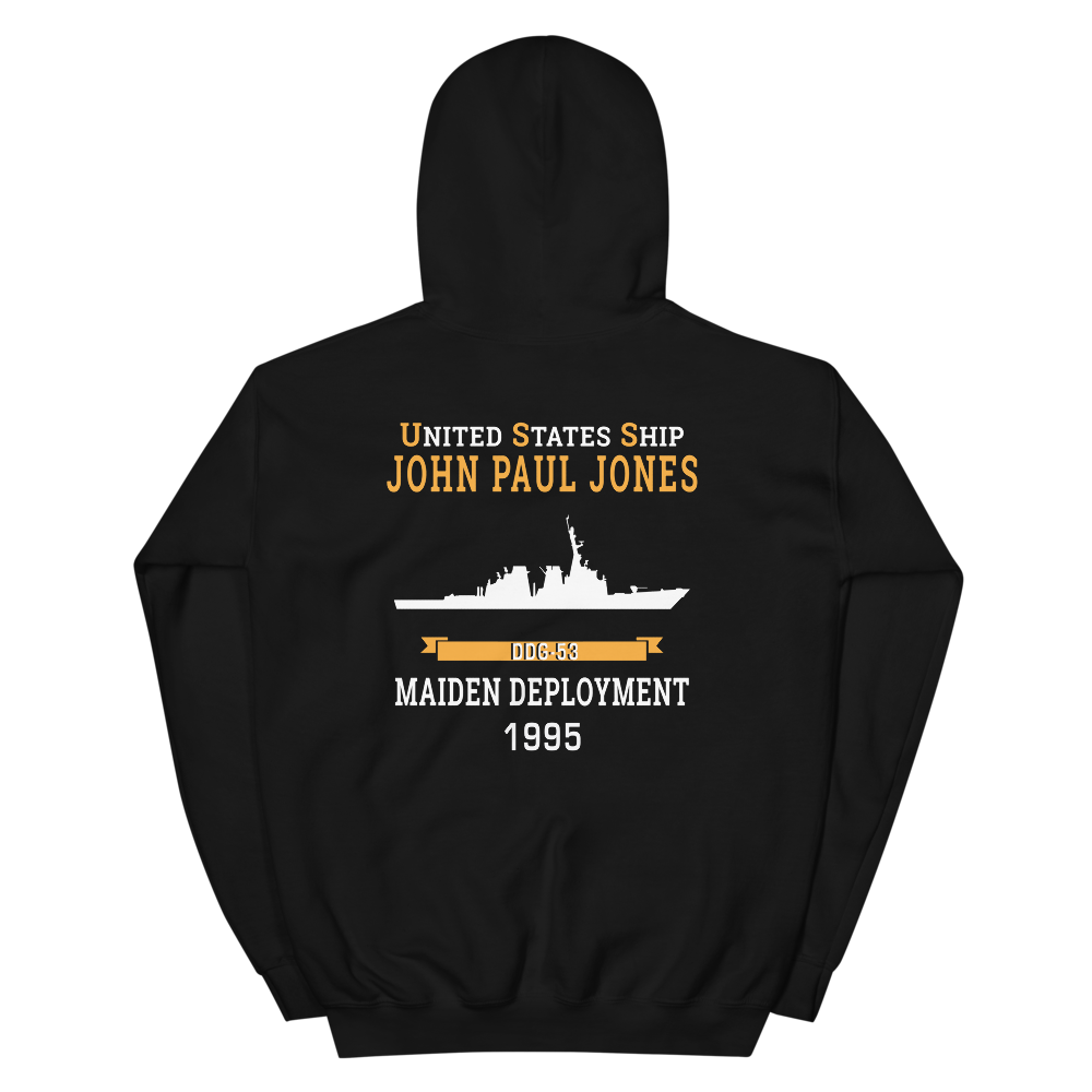 USS John Paul Jones (DDG-53) 1995 MAIDEN DEPLOYMENT Unisex Hoodie – back view, black