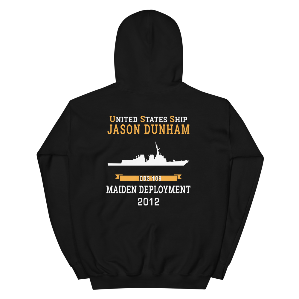 USS Jason Dunham (DDG-109) 2012 MAIDEN DEPLOYMENT Unisex Hoodie – back view, black