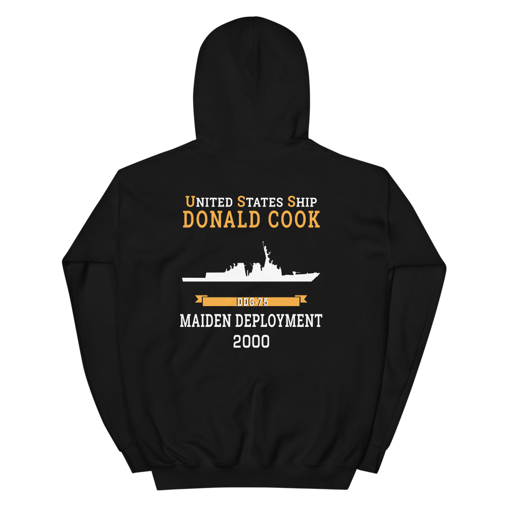 USS Donald Cook (DDG-75) 2000 MAIDEN DEPLOYMENT Unisex Hoodie – back view, black