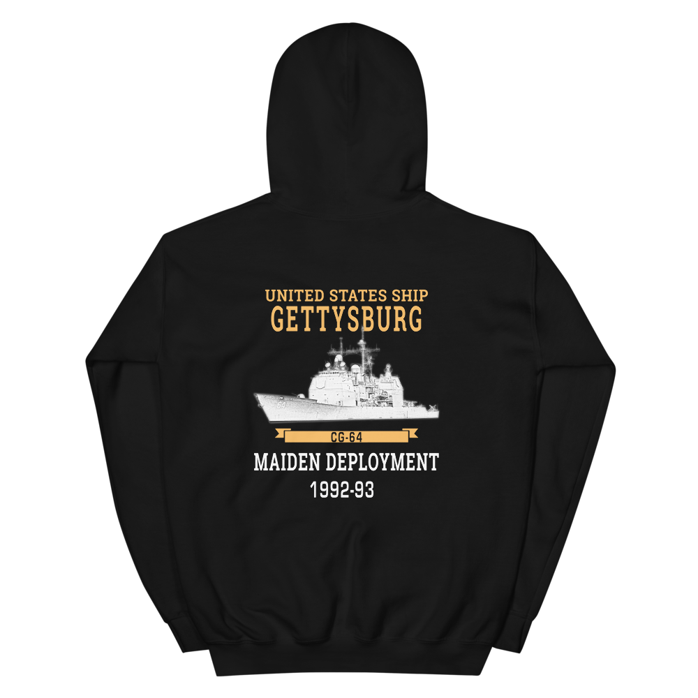 USS Gettysburg (CG-64) 1992-93 Maiden Deployment Hoodie – back view, black