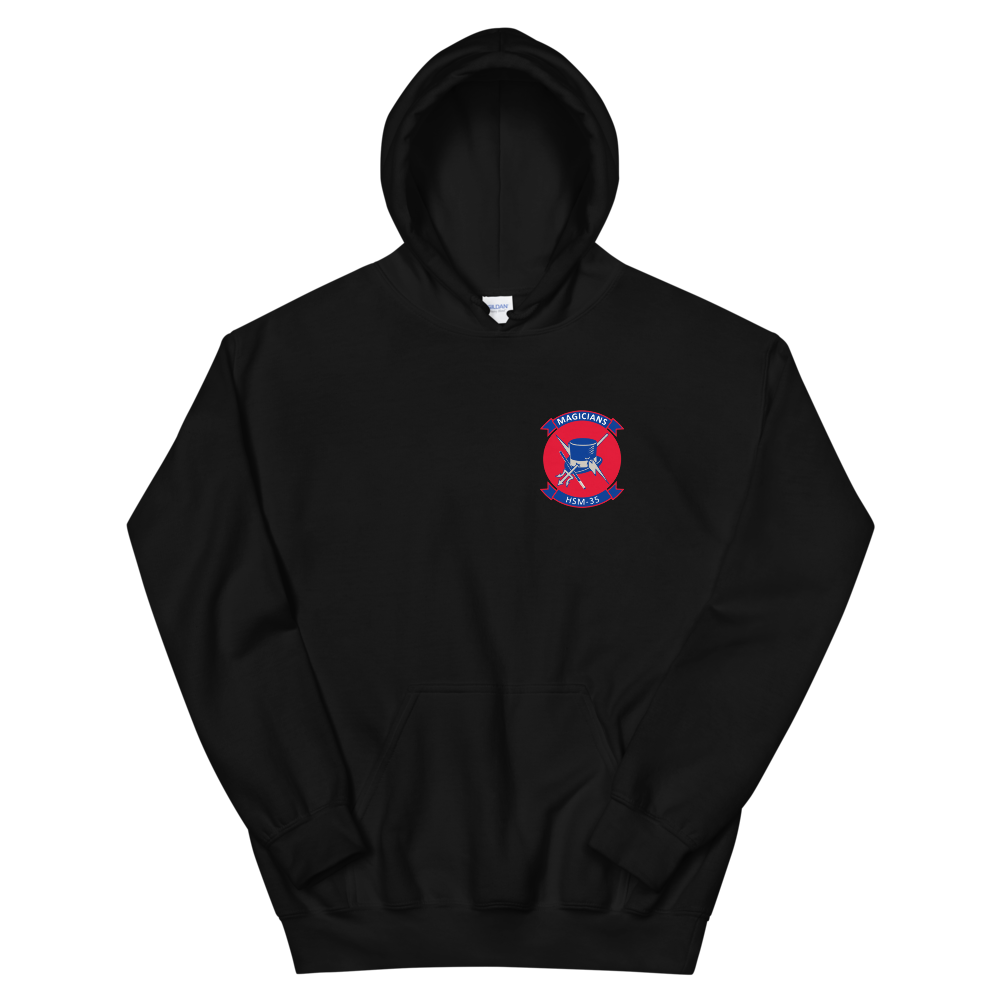 HSM-35 Magicians Squadron Crest Unisex Hoodie – front view, black