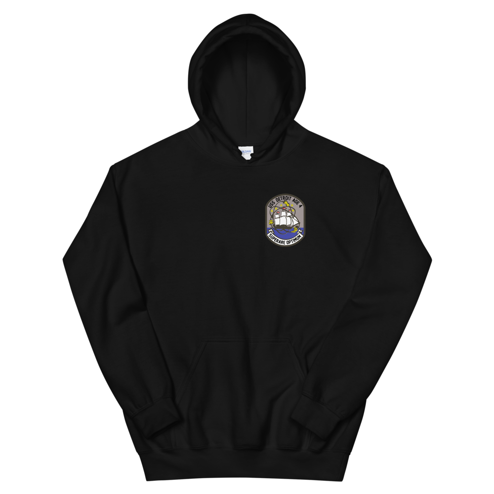 USS Detroit (AOE-4) 1983 Med Cruise Hoodie – front view, black