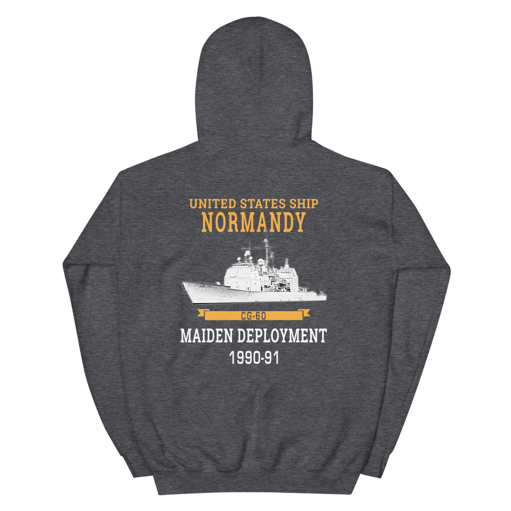 USS Normandy (CG-60) 1990-91 Maiden Deployment Unisex Hoodie – back view, heather