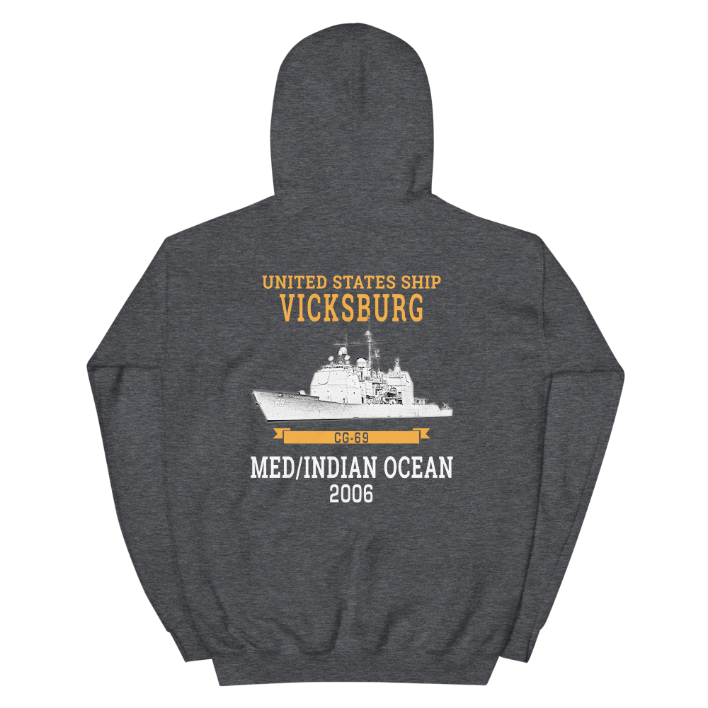 USS Vicksburg (CG-69) 2006 MED/IO Unisex Hoodie – back view, heather