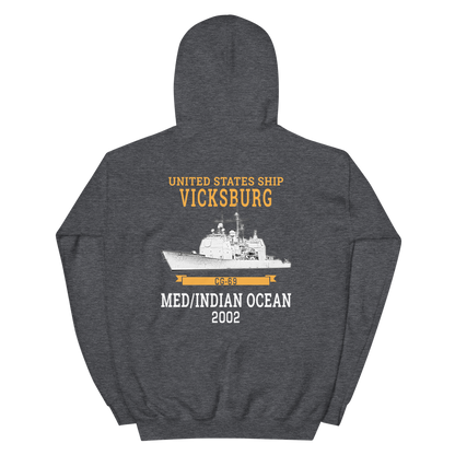 USS Vicksburg (CG-69) 2002 MED/IO Unisex Hoodie – back view, heather